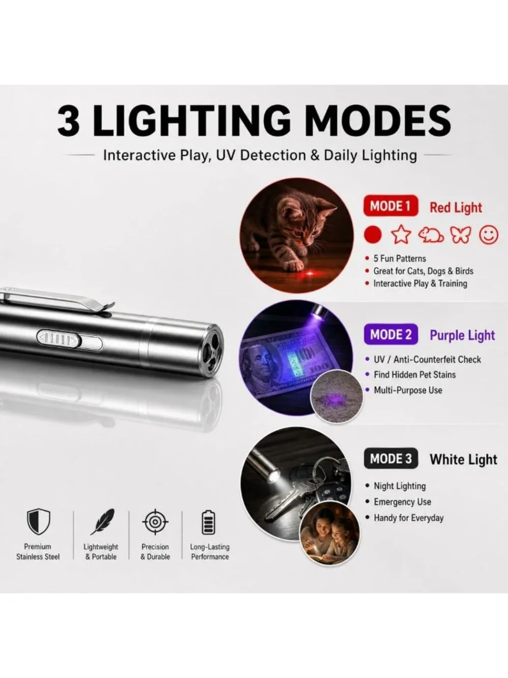 Interactive Cat Toy Set - USB Rechargeable Light Pointer, 3 Modes, Fast Charge